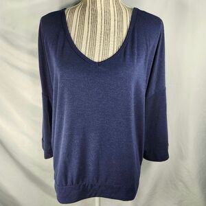 Sunday Navy Blue V Neck Drop Shouder 3/4 Sleeve Top Size Large